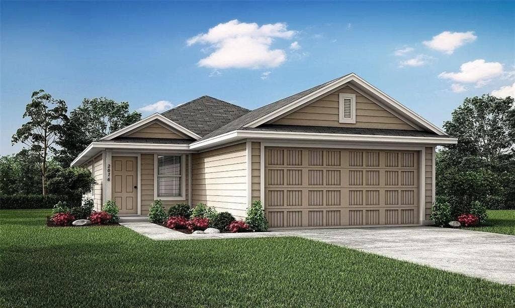 116 Radish Road, Princeton, TX 75407 Single-story exterior featuring tan horizontal siding, a gabled roofline, a two-car garage, and a concrete driveway