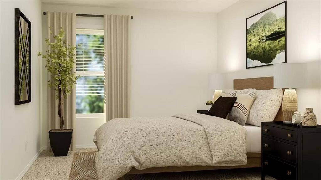 116 Radish Road, Princeton, TX 75407 Neutral-toned walls, carpeting, dual-pane window, and wood-finish headboard