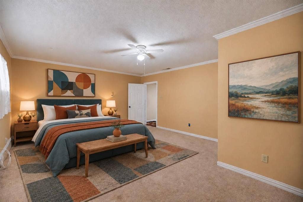 Spacious room featuring neutral carpeting, crown molding, and a central ceiling fan