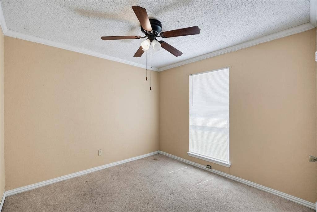 Room featuring neutral wall tones, carpeted flooring, a ceiling-mounted fan with integrated lighting, and a window with blinds