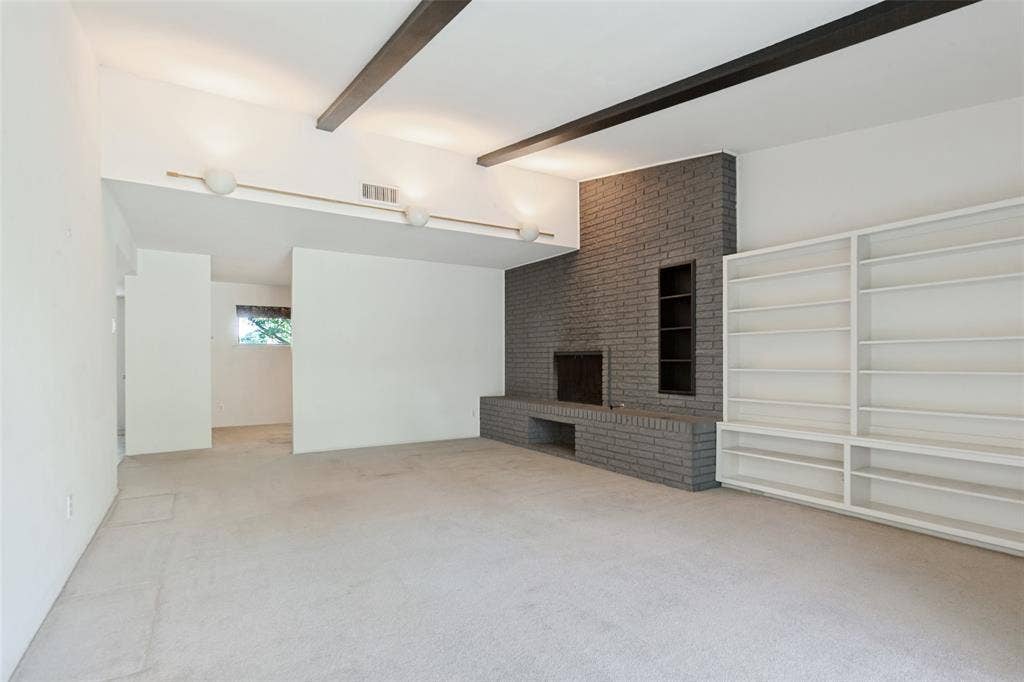 12515 Cedar Bend Drive, Dallas, TX 75244 Living area with vaulted, beamed ceiling.