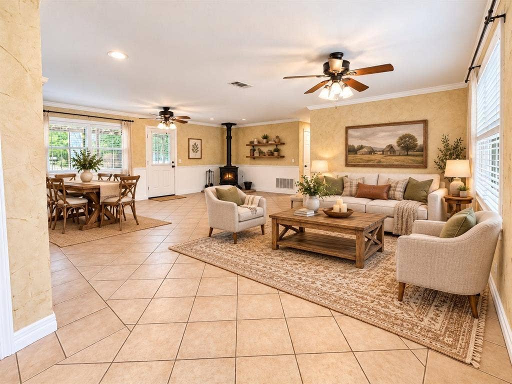 13672 County Road 2915, Eustace, TX 75124 Open-concept living space featuring neutral textured wall finishes, tile flooring, a cast-iron stove, dual ceiling fans, and wood-finish wall shelving