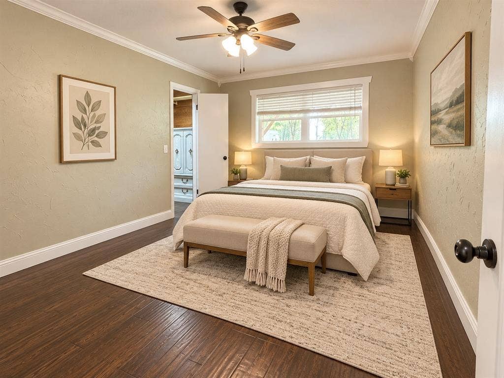 13672 County Road 2915, Eustace, TX 75124 Wood-finish flooring, ceiling fan with integrated lighting, window with horizontal blinds, and textured wall finish