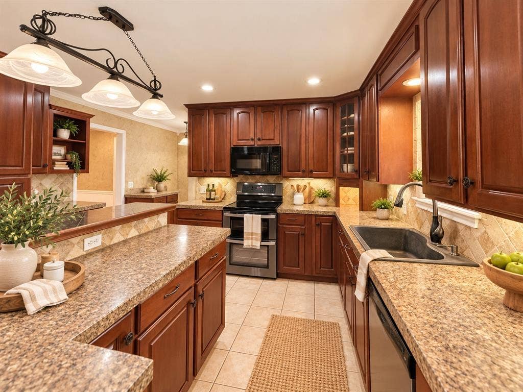 13672 County Road 2915, Eustace, TX 75124 Kitchen featuring dark wood cabinetry, speckled stone countertops, tile backsplash, built-in stainless steel appliances, and a three-light pendant fixture