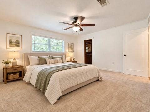 13672 County Road 2915, Eustace, TX 75124 Neutral wall-to-wall carpeting, ceiling fan with integrated lighting, multi-pane window, and classic solid-core doors