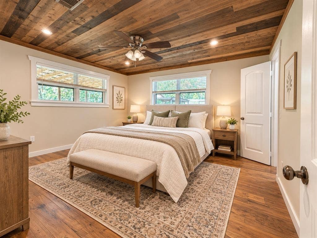 13672 County Road 2915, Eustace, TX 75124 Planked wood ceiling featuring multi-tonal finishes, wood-finish flooring, recessed lighting, and a multi-blade ceiling fan with an integrated light fixture