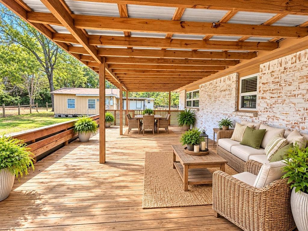 13672 County Road 2915, Eustace, TX 75124 Covered wood deck featuring a whitewashed brick exterior wall, exposed timber framing, and wood-finish horizontal railing