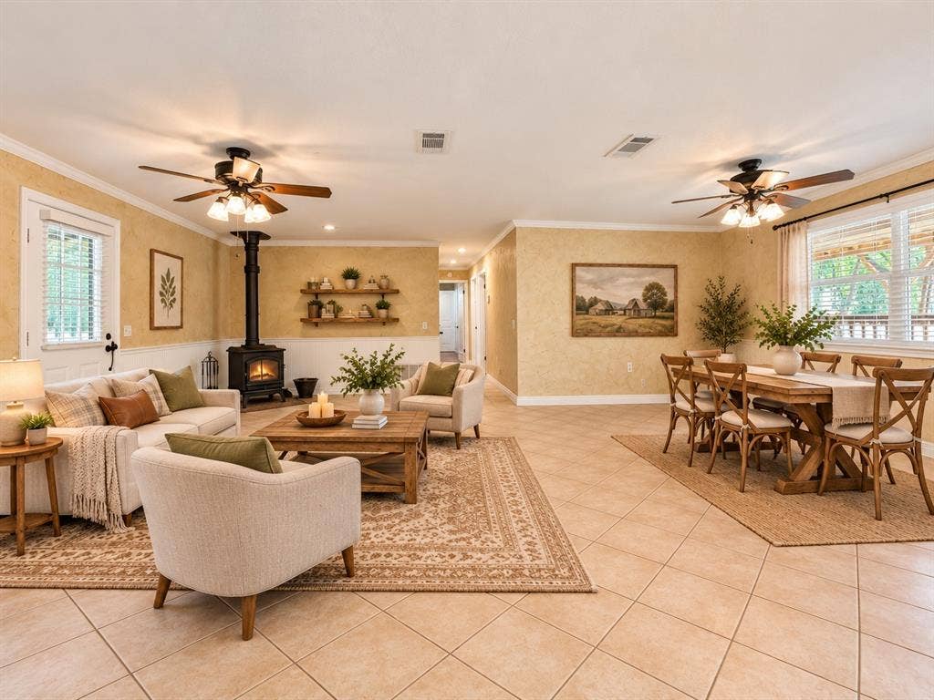13672 County Road 2915, Eustace, TX 75124 Open-concept living and dining area featuring ceramic tile flooring, a freestanding wood-burning stove, dual ceiling fans, and built-in wall shelving