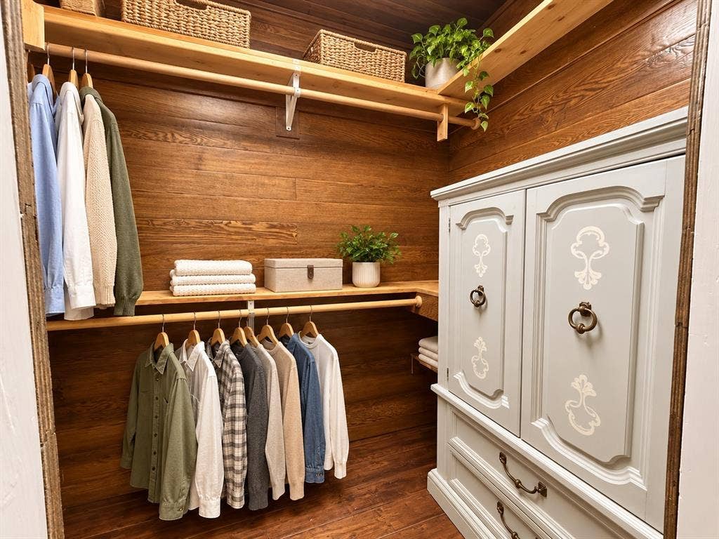13672 County Road 2915, Eustace, TX 75124 Walk-in closet featuring wood-plank walls, dual-level natural wood shelving, integrated hanging rods, and a built-in cabinetry unit with decorative hardware