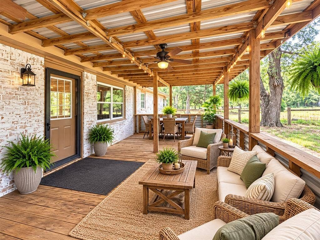13672 County Road 2915, Eustace, TX 75124 Covered outdoor patio featuring white-washed brick exterior walls, exposed timber rafter ceiling, wood-finish flooring, integrated ceiling fan, and metal-panel siding