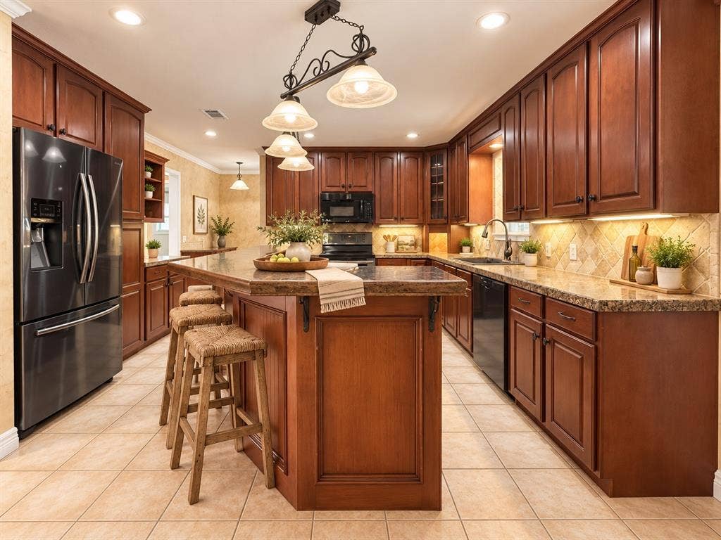 13672 County Road 2915, Eustace, TX 75124 Kitchen featuring stained wood cabinetry, stone-surface countertops, tile backsplash, tile flooring, and integrated pendant lighting
