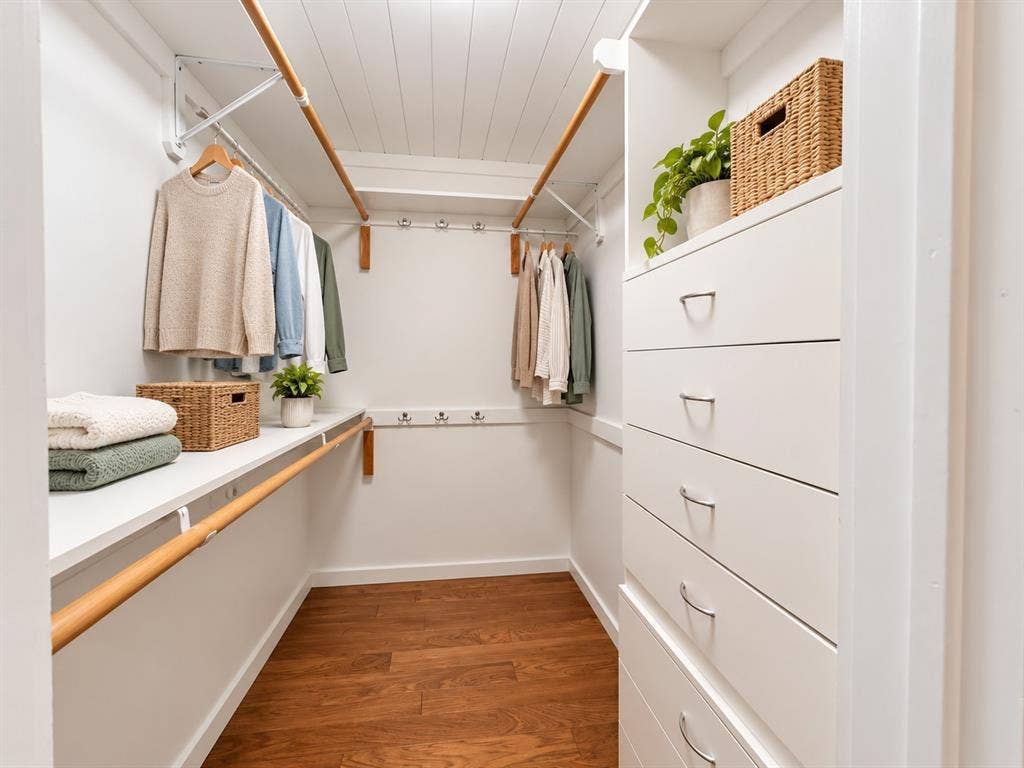 13672 County Road 2915, Eustace, TX 75124 Walk-in closet featuring built-in white drawer storage, wood-finish flooring, dual-level wooden hanging rods, wall-mounted metal hardware hooks, and white plank-style ceiling detailing