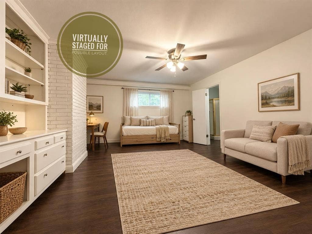 514 E Spring Valley Road, Richardson, TX 75081 Cozy studio apartment with room for a bed and couch. Door leading to full bathroom. VIRTUALLY STAGED