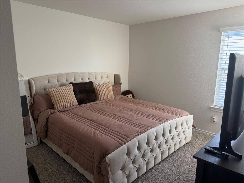 Neutral-toned walls and plush wall-to-wall carpeting with a single window featuring horizontal blinds