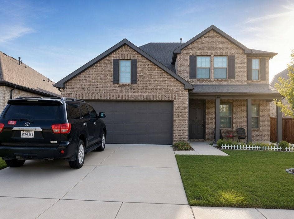 1816 Purtis Creek Drive, Forney, TX 75126 Multi-level brick exterior featuring a covered front porch, dual-gabled roofline, shuttered windows, and an attached two-car garage