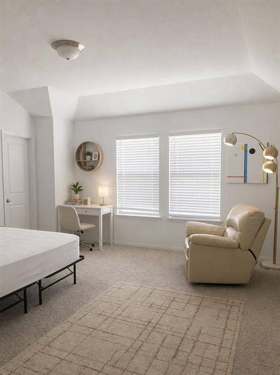 1816 Purtis Creek Drive, Forney, TX 75126 Vaulted ceiling, neutral wall-to-wall carpeting, dual windows with horizontal blinds, and a circular wall-mounted built-in shelving unit