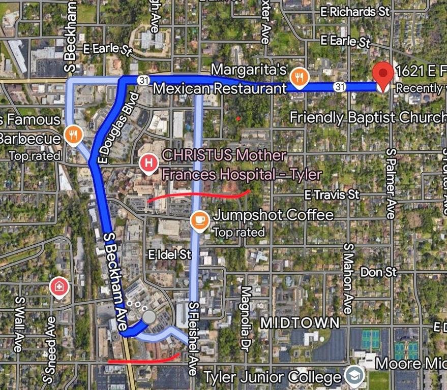 1621 E Front Street, Tyler, TX 75702 Location Map. Providing the geographical position of the property relative to regional infrastructure and area landmarks