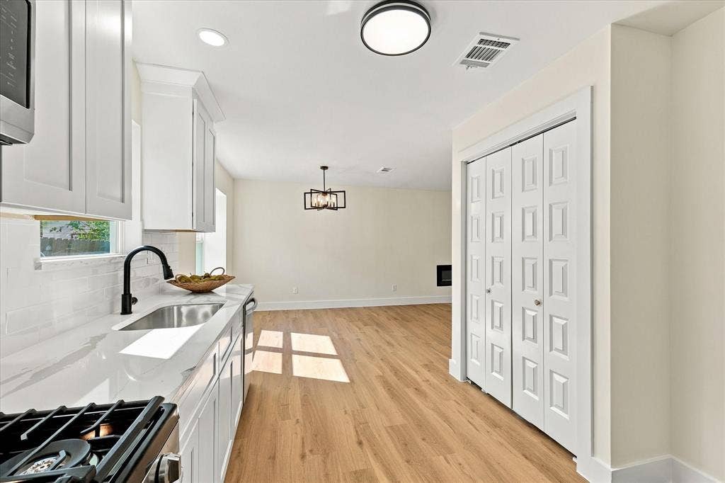 Large kitchen open to the dining room.