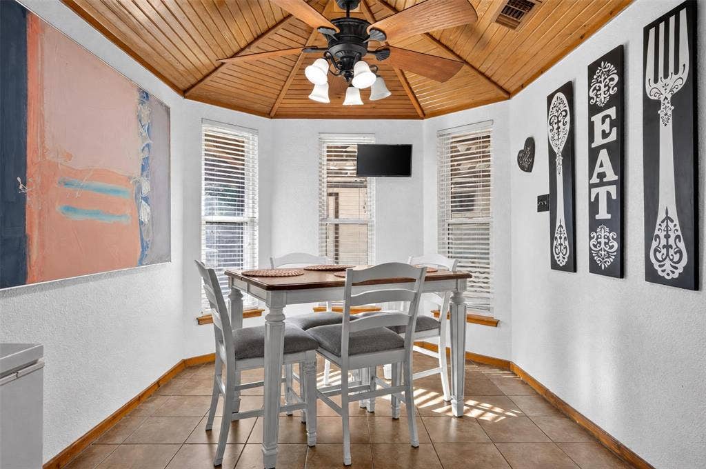 113 Dove Avenue, Red Oak, TX 75154 Octagonal ceiling featuring wood-plank paneling, multi-light ceiling fan, three paneled windows with blinds, and tile flooring