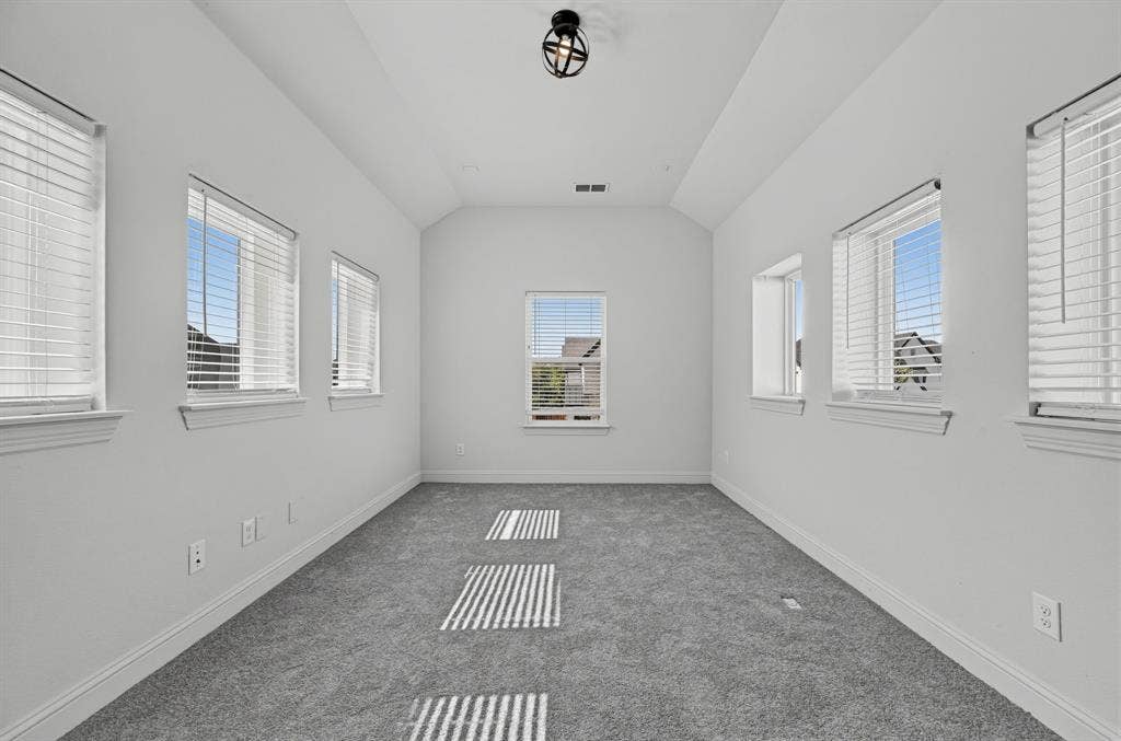 Vaulted ceiling featuring a dark-finish cage pendant light, wall-to-wall carpeting, and five windows with slatted blinds