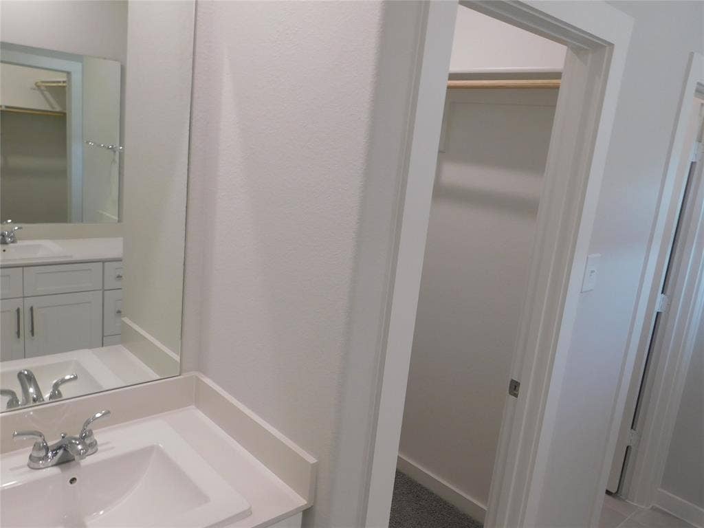 2702 Baynes Place, Princeton, TX 75407 Bathroom featuring a white vanity with a rectangular sink, dual-handle polished chrome faucet, flat-panel cabinetry, and a full-length wall mirror, alongside a walk-in storage area with integrated hanging rods
