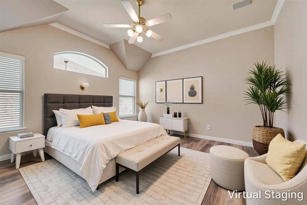 7900 Brookmount Street, Plano, TX 75024 Vaulted ceiling with an integrated light-and-fan fixture, arched transom window, and wood-finish flooring