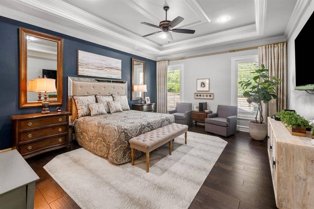7609 Timber Trail, Tyler, TX 75703 Tray ceiling with recessed lighting, dark wood-finish flooring, and crown molding