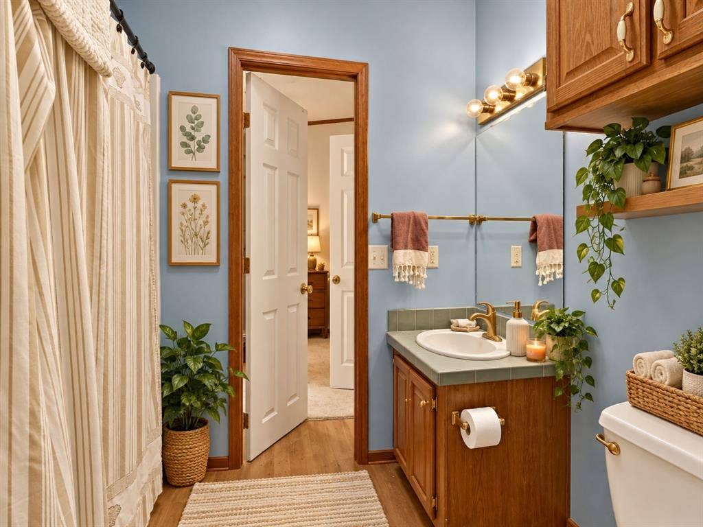 1528 CR 697, Farmersville, TX 75442 Bathroom featuring a wood-finish vanity with an integrated tile countertop, an oval undermount sink, brass-finish hardware, and built-in upper cabinetry