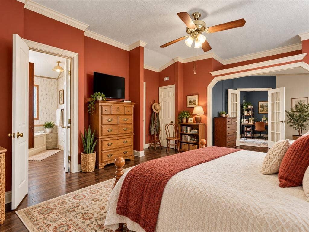 1528 CR 697, Farmersville, TX 75442 Wood-finish flooring, vaulted ceiling, crown molding, ceiling fan with integrated lighting, and French doors