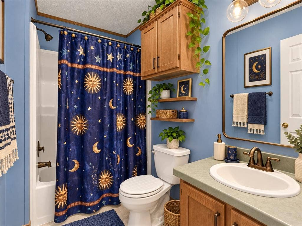 1528 CR 697, Farmersville, TX 75442 Bathroom featuring a composite countertop, wood-finish vanity cabinetry, wall-mounted wood shelving, tub-shower combination with matte hardware, and a framed mirror