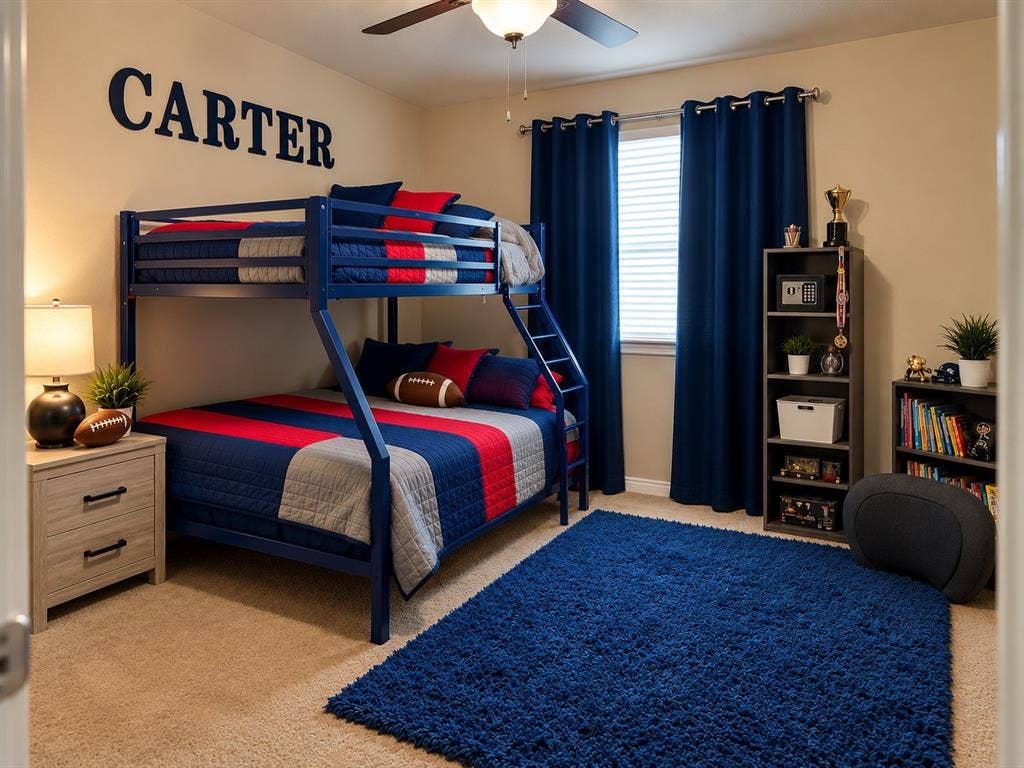 Bedroom featuring neutral wall paint, carpeting, a ceiling fan with light fixture, and a window with horizontal blinds