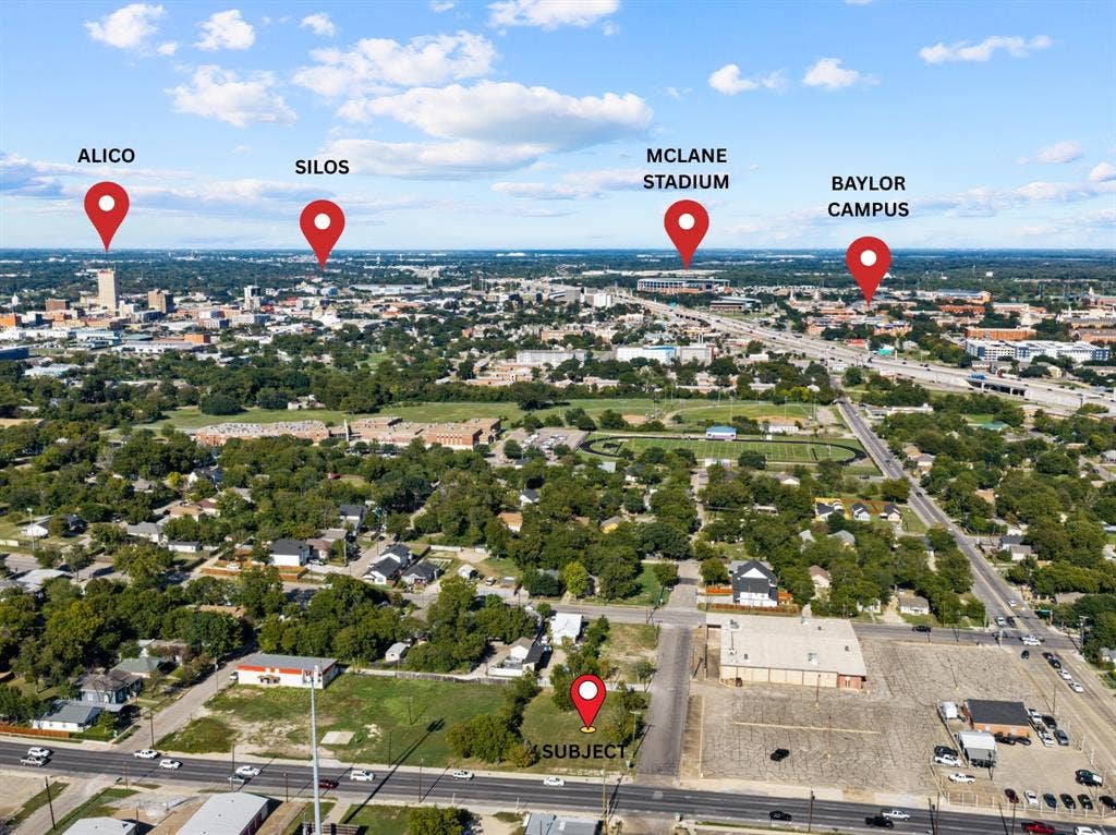 920-928 S 18th Street, Waco, TX 76706 Aerial perspective of the subject property featuring proximity to regional landmarks including McLane Stadium, the Baylor University campus, the Silos, and the Alico building