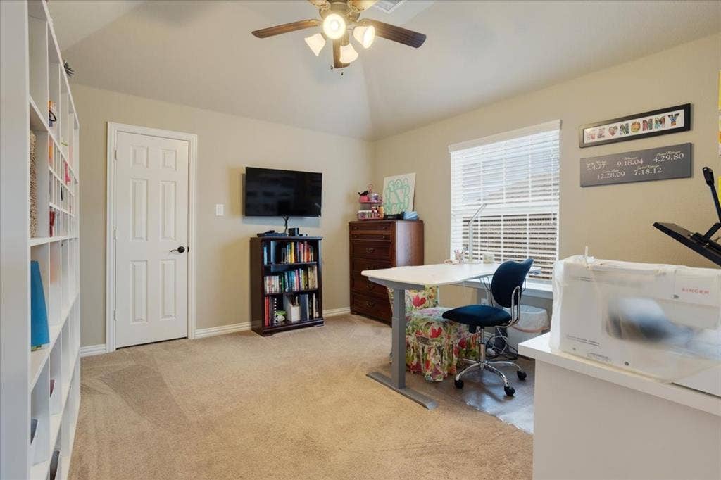 319 Westphalian Drive, Celina, TX 75009 Carpeted room with a ceiling fan, a window with blinds, and white built-in shelving