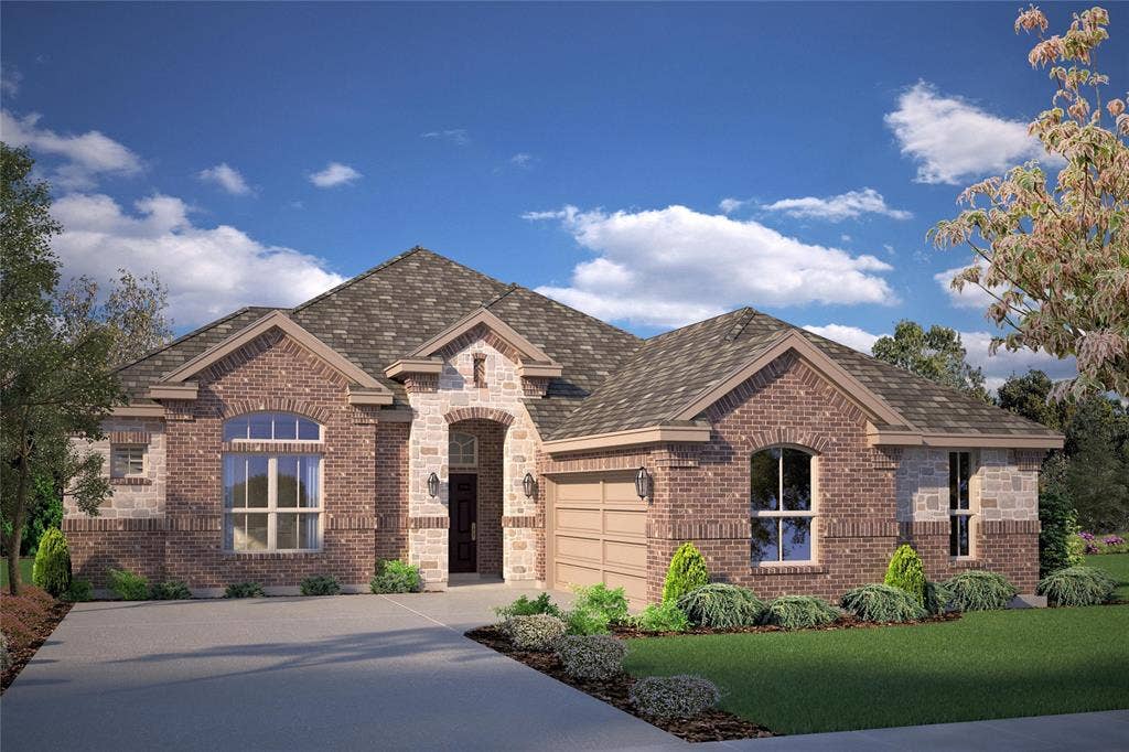 10413 SUNSET SHORE Drive, Grand Prairie, TX 76065 Front Elevation - D.R. Horton's Guadalupefloor plan Elevation A - All Home and community information, including pricing, included features, terms, availability and amenities, are subject to change at any time without notice or obligation. All Drawings, pictures, photographs, video, square footages, floor plans, elevations, features, colors and sizes are approximate for illustration purposes only and will vary from the homes as built.