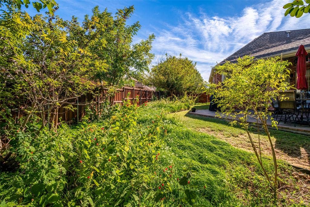 701 Crabapple Way, McKinney, TX 75072 Backyard featuring mature trees, wood-slat fencing, and a concrete patio