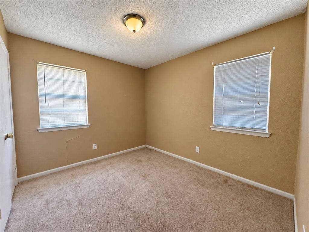 2418 Fulton Drive, Mesquite, TX 75150 Neutral-toned interior room featuring wall-to-wall carpeting, dual windows with horizontal blinds, and a central dome-style ceiling light fixture