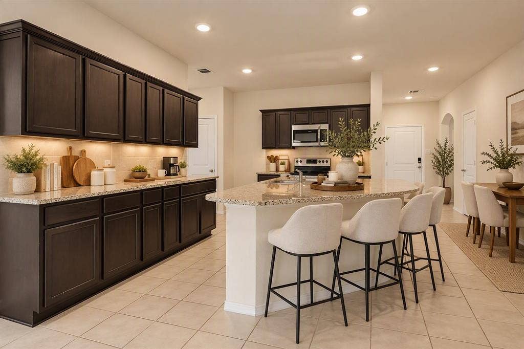 814 Rustic Meadows Trail, Princeton, TX 75407 Virtually Staged Kitchen featuring dark wood cabinetry, stone countertops, a central island with integrated seating space, tiled flooring, and recessed lighting