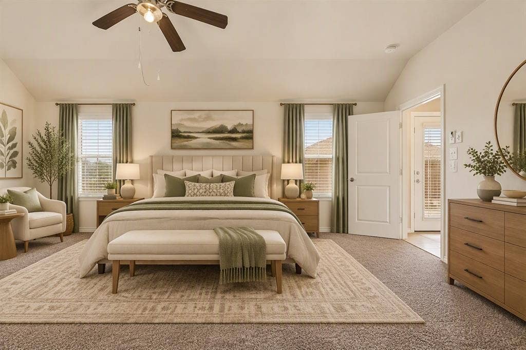 814 Rustic Meadows Trail, Princeton, TX 75407 Virtually Staged Vaulted ceiling, ceiling fan with light fixture, neutral carpeting, and multi-pane windows with horizontal blinds