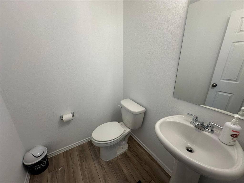 821 POPPY COVE Lane, Princeton, TX 75407 Powder room featuring wood-finish flooring, a white pedestal sink with dual-handle chrome faucet, and a wall-mounted mirror