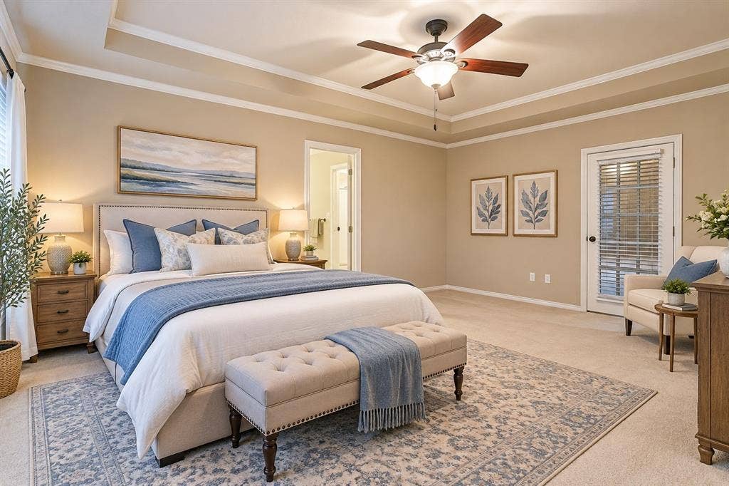 2404 Monmouth Court, Plano, TX 75075 Primary bedroom is spacious with door to a living area, ensuite bath, stepped ceiling - virtual staging
