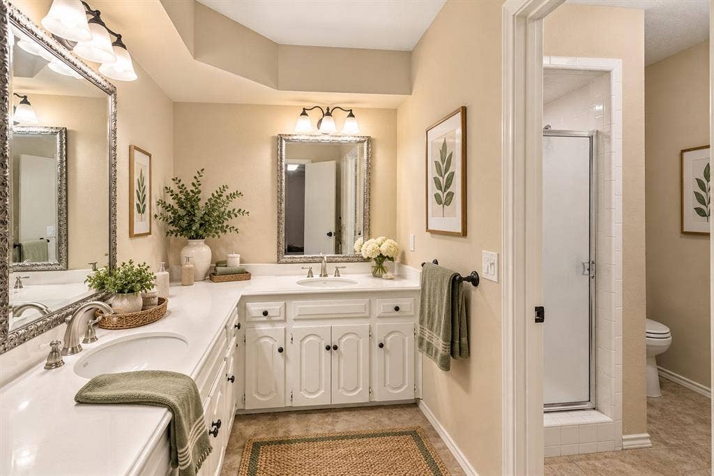 2404 Monmouth Court, Plano, TX 75075 Two vanities in this lovely primary bath, with separate shower and tub - virtual staging