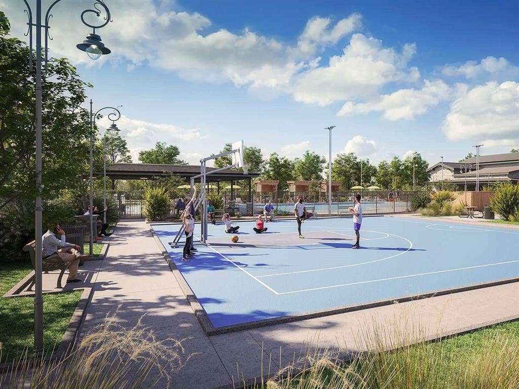 Outdoor recreation area featuring a paved basketball court, metal hoop, decorative street-style lighting, and concrete perimeter pathways