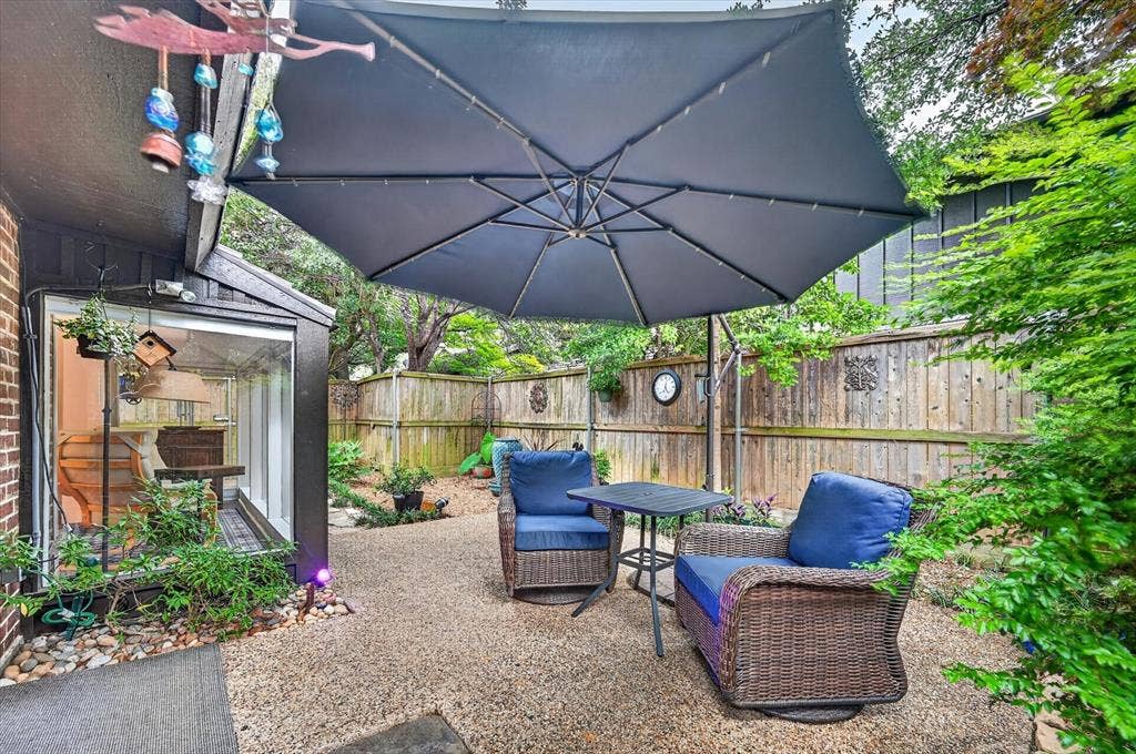 12627 Breckenridge Drive, #200, Dallas, TX 75230 Enclosed patio featuring exposed aggregate hardscaping, wood privacy fencing, and exterior wall-mounted lighting