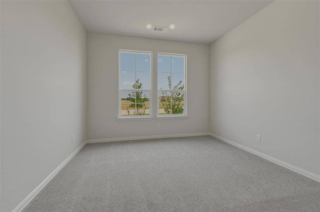 2109 Bluebird Lane, Anna, TX 75409 Bright, light-filled bedroom featuring dual casement windows with expansive natural light, neutral wall finishes, and soft gray carpet flooring