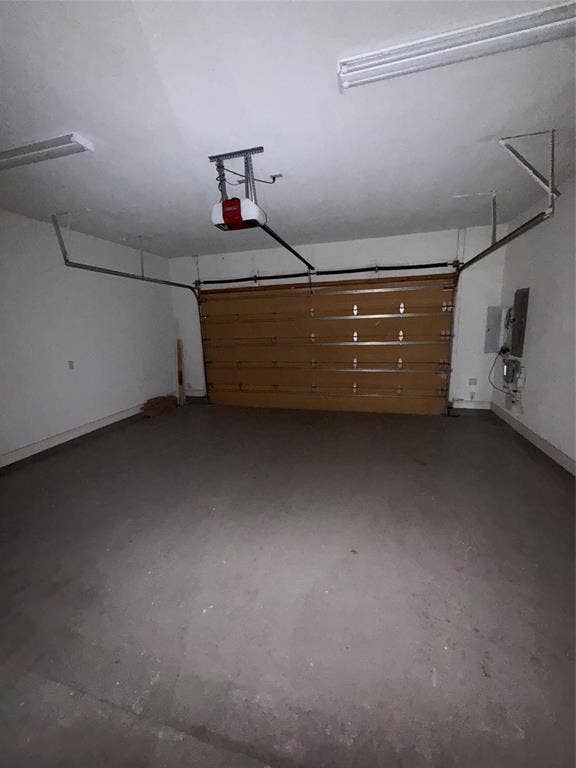 1025 Emerson Park Lane, Irving, TX 75063 Two-car garage featuring a sectional metal garage door, automated ceiling-mounted opener, concrete flooring, and overhead fluorescent lighting