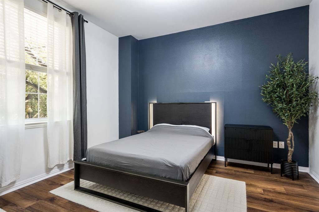 2305 Worthington Street, #103, Dallas, TX 75204 Bedroom featuring a deep blue accent wall, wood-finish flooring, and a large window with natural lighting