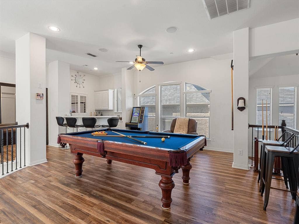 1506 Hennessey Drive, Allen, TX 75013 Rec room featuring dark wood-type flooring, billiards, a ceiling fan, and recessed lighting