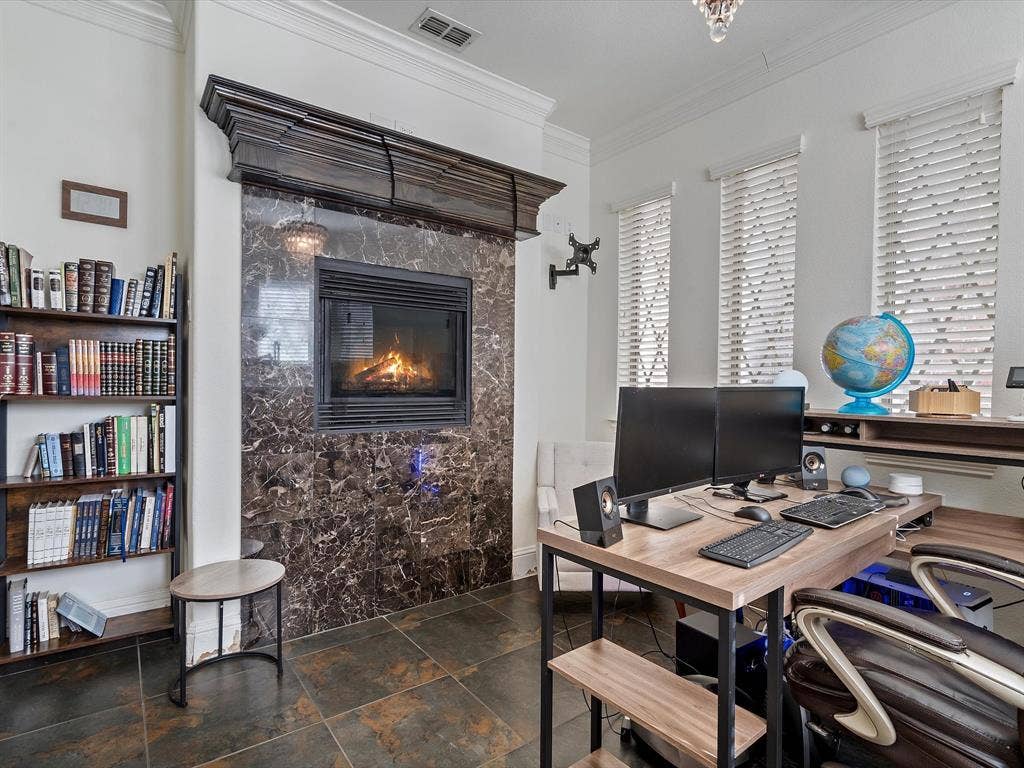 1506 Hennessey Drive, Allen, TX 75013 Office featuring ornamental molding and a premium fireplace