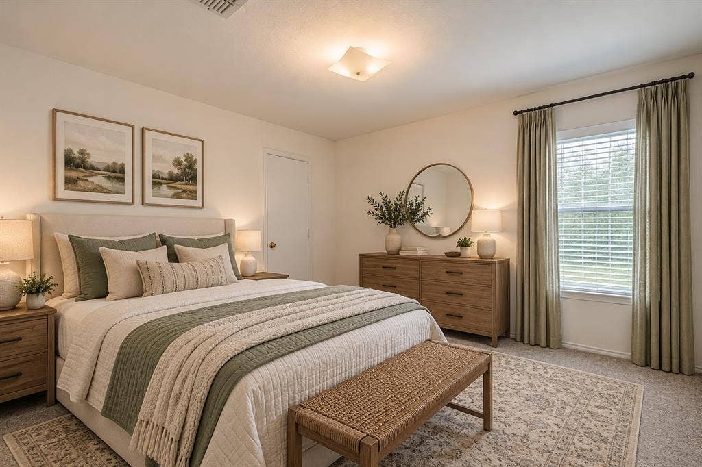 6833 Bluff View Drive, Watauga, TX 76137 Neutral-toned interior space featuring a window with floor-to-ceiling drapery and a flush-mount ceiling light fixture