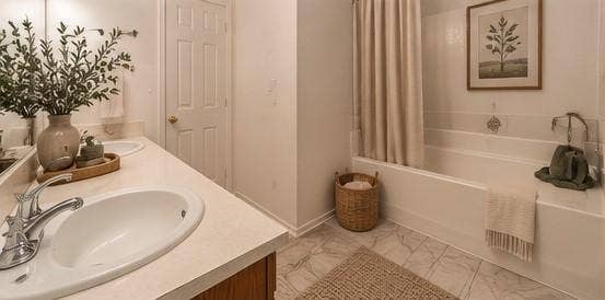 6833 Bluff View Drive, Watauga, TX 76137 Bathroom featuring a dual-sink vanity with a solid-surface countertop, porcelain drop-in sinks, polished chrome fixtures, and a tiled tub-shower combination with patterned stone-finish flooring